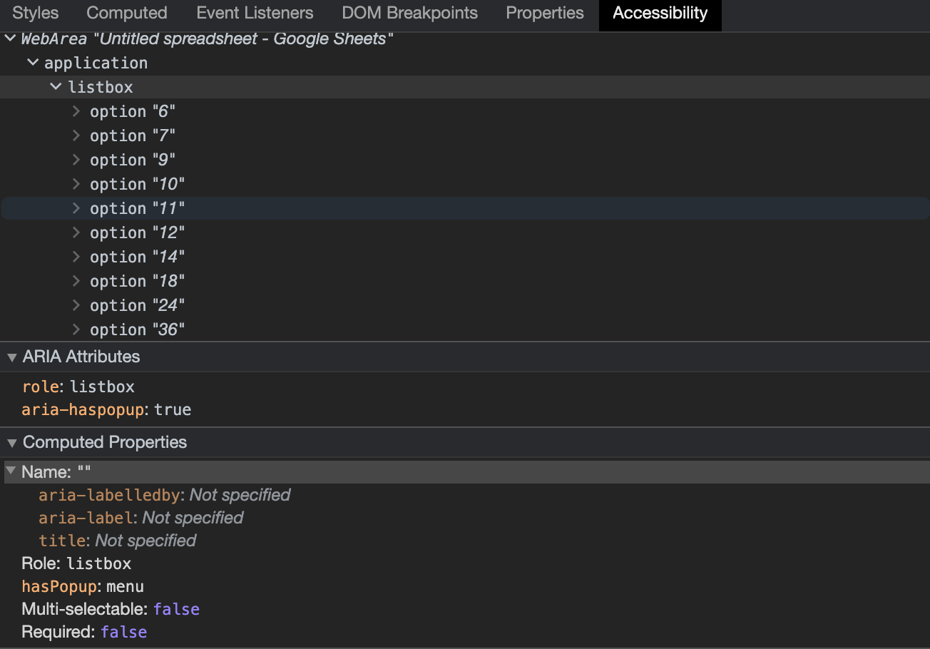 The accessibility pane in Developer Console listing ARIAproperties of the combobox